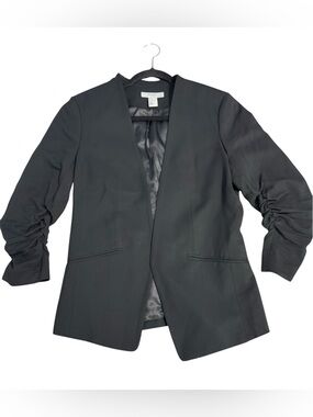 H&M Black Open Front Blazer Ruched Sleeve Lightweight Jacket Size 10